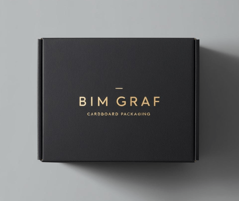 Minimalistička kartonska ambalaža u luksuznom dizajnu, tamna kutija sa zlatnim detaljima i jasnim logotipom BIM GRAF – primer elegantnog i održivog pakovanja.