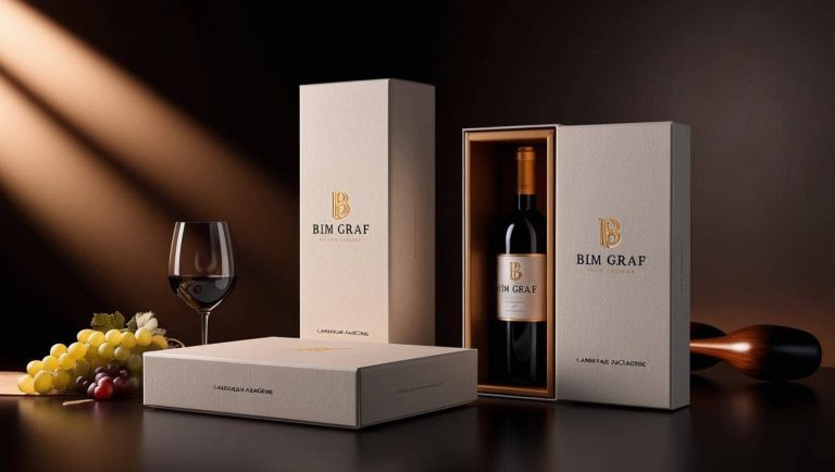 Elegantna i luksuzna kartonska ambalaža za vino sa elegantnim zlatnim BIM GRAF logotipom.